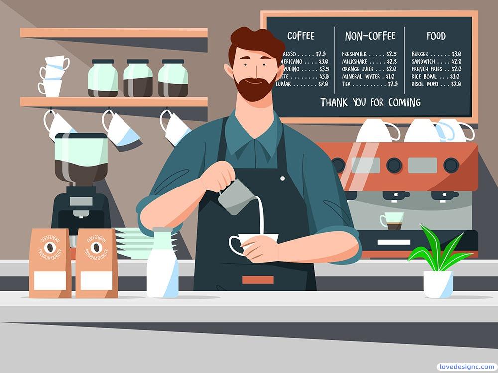 咖啡馆/咖啡师 插画素材-爱设计爱分享c