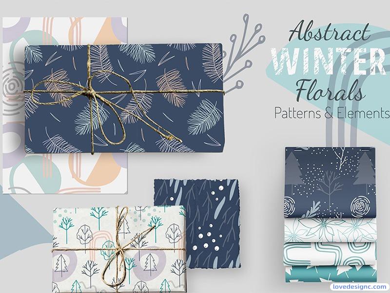 素雅蓝色调平铺素材：冬季植物和几何抽象元素-爱设计爱分享c