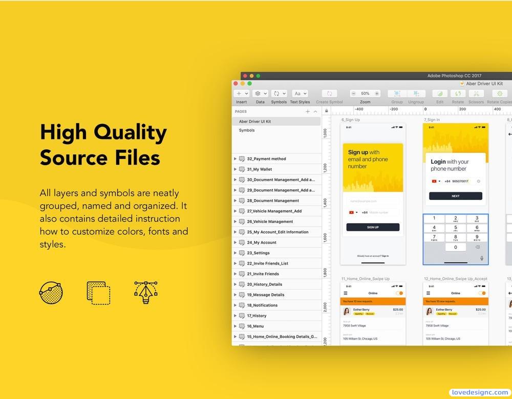 黄色系精品完整项目的租车打车共享用车app界面设计优质设计素材下载，提供sketch格式源文件-爱设计爱分享c