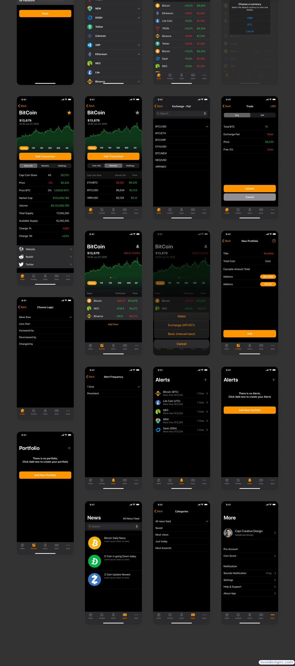 最新的iOS 13 暗黑模式加密货币app应用程序UI套件ui设计模板素材下载-爱设计爱分享c